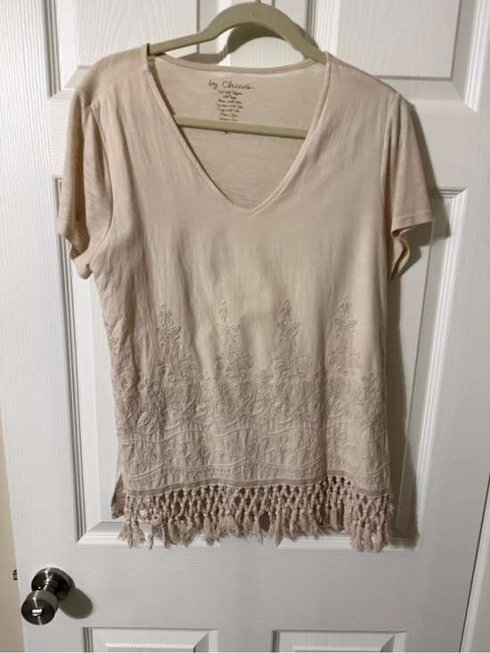 Chico's Tops - Chico's Cream V-Neck Short Sleeve Top with Embroidered Hem and Fringe